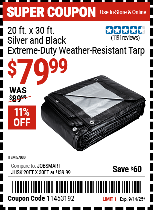 Harbor Freight Coupons, HF Coupons, 20% off - 20 Ft. X 30 Ft. Silver & Black Extreme Duty Weather Resistant Tarp