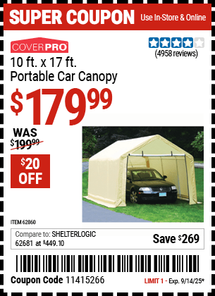 Harbor Freight Coupons, HF Coupons, 20% off - 10 Ft. X 17ft. Portable Garage