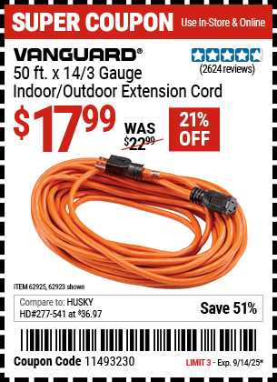 Harbor Freight Coupons, HF Coupons, 20% off - 50ft.x14gauge Outdoor Extension Cord