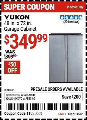 Harbor Freight Coupons, HF Coupons, 20% off - YUKON 48 In. X 72 In. Garage Cabinet for $399.99