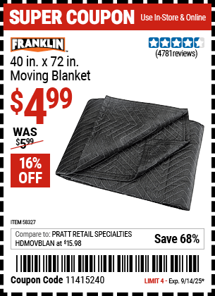 Harbor Freight Coupons, HF Coupons, 20% off - FRANKLIN 40 in. x 72 in. Moving Blanket 