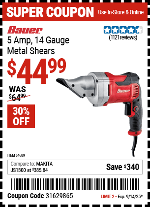 Harbor Freight Coupons, HF Coupons, 20% off - 14 Guage, 5 Amp Swivel Head Shears