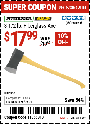 Harbor Freight Coupons, HF Coupons, 20% off - 3-1/2 Lb. Fiberglass Axe
