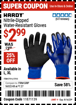 Harbor Freight Coupons, HF Coupons, 20% off - Nitrile Dipped Waterproof Gloves X-Large