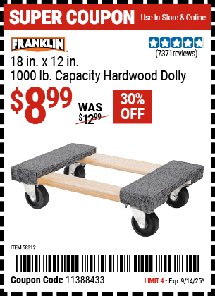 Harbor Freight Coupons, HF Coupons, 20% off - FRANKLIN 18 in. x 12 in. 1000 lb. Capacity Hardwood Dolly 