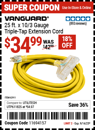 Harbor Freight Coupons, HF Coupons, 20% off - 25 Ft X 10 Gauge Triple Tap Extension Cord