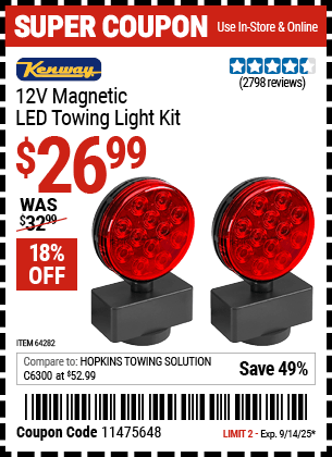 Harbor Freight Coupons, HF Coupons, 20% off - 12 Volt Led Magnetic Towing Light Kit