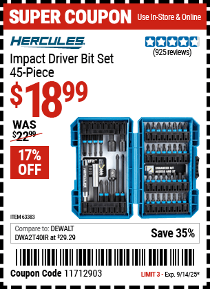 Harbor Freight Coupons, HF Coupons, 20% off - Hercules 45 Piece Impact Drill And Driver Bit Set