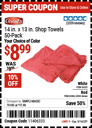 Harbor Freight Coupons, HF Coupons, 20% off - 14 in. x 13 in. White Shop Towels, 50 Pk.