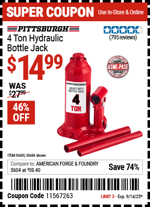 Harbor Freight Coupons, HF Coupons, 20% off - PITTSBURGH 4 Ton Hydraulic Bottle Jack for $17.99