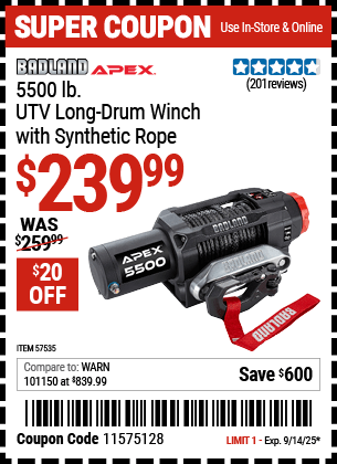 Harbor Freight Coupons, HF Coupons, 20% off - BADLAND APEX 5500 lb. UTV Long Drum Winch with Synthetic Rope for $249.99