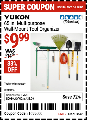Harbor Freight Coupons, HF Coupons, 20% off - YUKON 65 in. Multi-Purpose Wall Mount Tool Organizer for $9.99