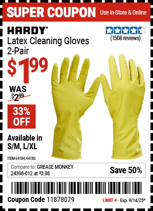 Harbor Freight Coupons, HF Coupons, 20% off - Latex Cleaning Gloves 2 Pair