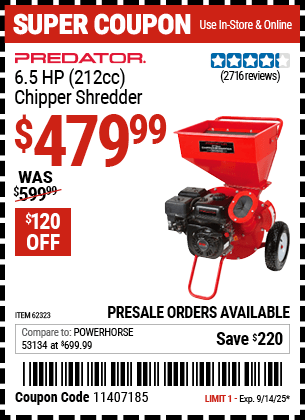 Harbor Freight Coupons, HF Coupons, 20% off - Chipper/shredder With 6.5 Hp Gas Engine (212 Cc)