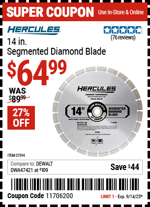 Harbor Freight Coupons, HF Coupons, 20% off - 14 in. Segmented Diamond Blade