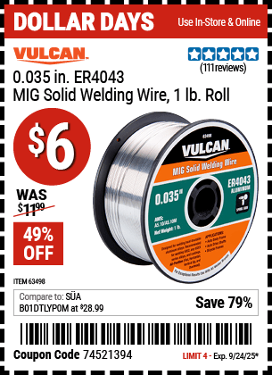 Harbor Freight Coupons, HF Coupons, 20% off - VULCAN 0.035 in. ER4043 MIG Solid Welding Wire 1.00 lb. Roll for $4.99
