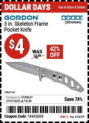 Harbor Freight Coupons, HF Coupons, 20% off - 3 in. Skeleton Frame Pocket Knife