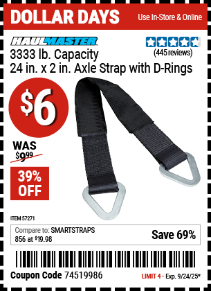 Harbor Freight Coupons, HF Coupons, 20% off - HAUL-MASTER 3333 lb. Capacity 24 in. x 2 in. Axle Strap with D-Rings for $6