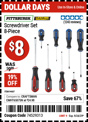Harbor Freight Coupons, HF Coupons, 20% off - 8 Piece Professional Screwdriver Set