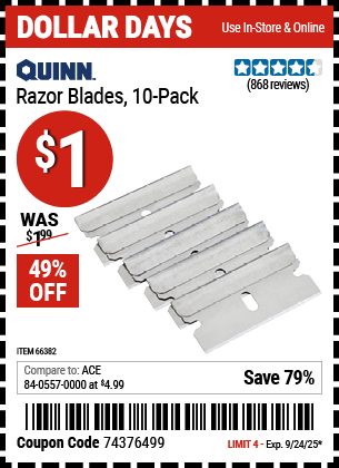 Harbor Freight Coupons, HF Coupons, 20% off - QUINN Razor Blades, 10-Pack for $0.99