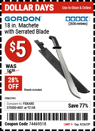 Harbor Freight Coupons, HF Coupons, 20% off - GORDON 18 in. Machete with Serrated Blade for $5.99