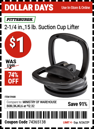 Harbor Freight Coupons, HF Coupons, 20% off - PITTSBURGH 2-1/4 in., 15 lb. Suction Cup Lifter for $1.49