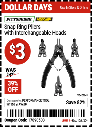 Harbor Freight Coupons, HF Coupons, 20% off - Pittsburgh Snap Ring Pliers With Interchangeable Heads