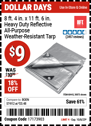 Harbor Freight Coupons, HF Coupons, 20% off - 8 ft. 4 in. x 11 ft. 6 in. Silver/Heavy Duty Reflective All Purpose/Weather Resistant Tarp