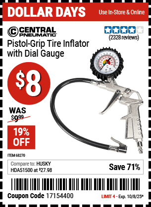 Harbor Freight Coupons, HF Coupons, 20% off - Pistol Grip Tire Inflator With Gauge