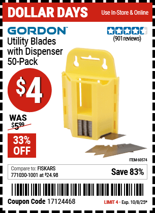 Harbor Freight Coupons, HF Coupons, 20% off - Utility Blades With Dispenser Pack Of 50