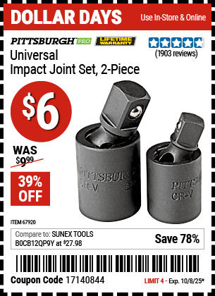 Harbor Freight Coupons, HF Coupons, 20% off - 2 Piece Universal Impace Joint Socket Adapter Set