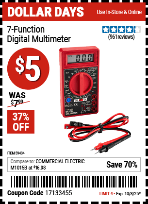 Harbor Freight Coupons, HF Coupons, 20% off - 7-Function Digital Multimeter for $4.92