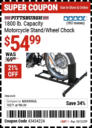 Harbor Freight Coupons, HF Coupons, 20% off - Motorcycle Stand/wheel Chock