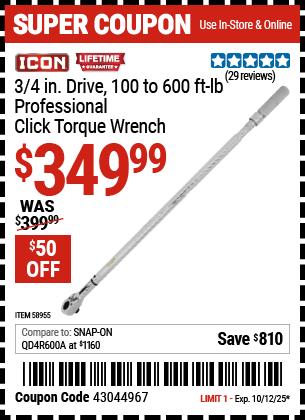 Harbor Freight Coupons, HF Coupons, 20% off - ICON 3/4 in. Drive, 100-600 ft-lb Professional Click Torque Wrench for $379.99