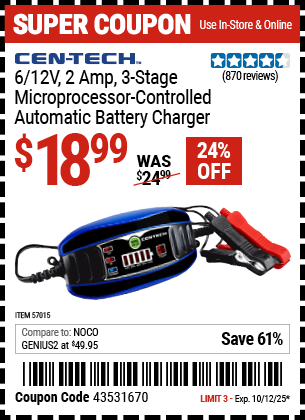 Harbor Freight Coupons, HF Coupons, 20% off - 6v/12v 2 Amp 3-Stage Microprocessor Controlled Automatic Battery Charger