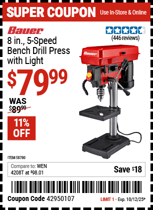 Harbor Freight Coupons, HF Coupons, 20% off - BAUER 8 in., 5-Speed Bench Drill Press with Light for $79.99