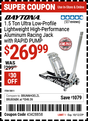 Harbor Freight Coupons, HF Coupons, 20% off - DAYTONA 1.5 ton Ultra Low Profile High Performance Aluminum Racing Jack with RAPID PUMP for $259.99