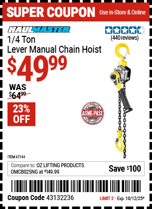 Harbor Freight Coupons, HF Coupons, 20% off - 1/4 Ton Lever Chain Hoist