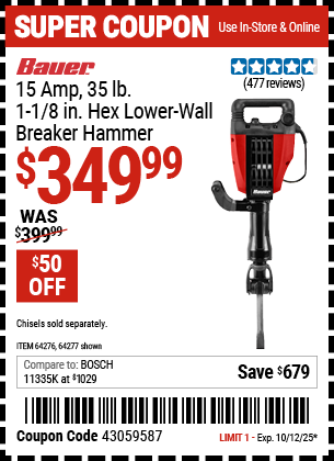 Harbor Freight Coupons, HF Coupons, 20% off - Bauer 15amp Pro Demolition Hammer Kit