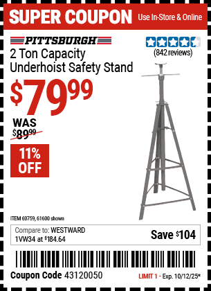 Harbor Freight Coupons, HF Coupons, 20% off - 2 Ton Underhoist Safety Stand