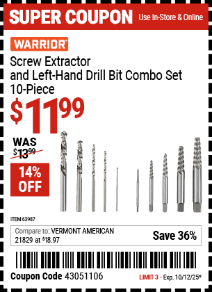 Harbor Freight Coupons, HF Coupons, 20% off - Warrior 12 Piece Screw Extractor Set