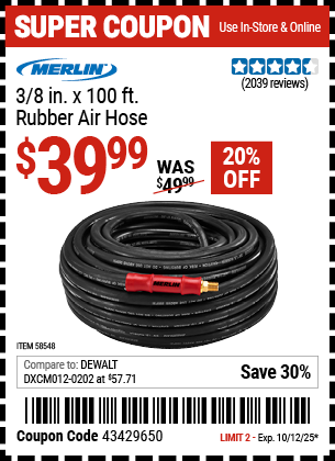Harbor Freight Coupons, HF Coupons, 20% off - MERLIN 3/8 in. x 100 ft. Rubber Air Hose for $39.99