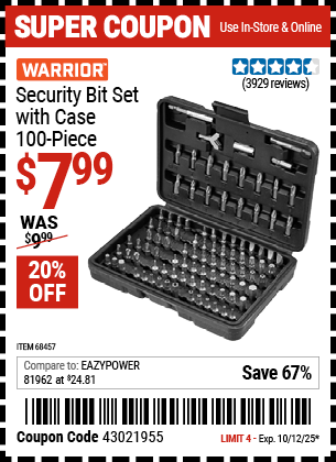 Harbor Freight Coupons, HF Coupons, 20% off - 100 Piece Security Bit Set