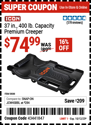 Harbor Freight Coupons, HF Coupons, 20% off - ICON 37 in. 400 lb. Capacity Premium Creeper for $74.99