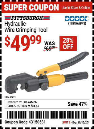 Harbor Freight Coupons, HF Coupons, 20% off - Hydraulic Wire Crimping Tool