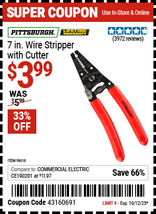 Harbor Freight Coupons, HF Coupons, 20% off - PITTSBURGH 7 in. Wire Stripper with Cutter for $2.99