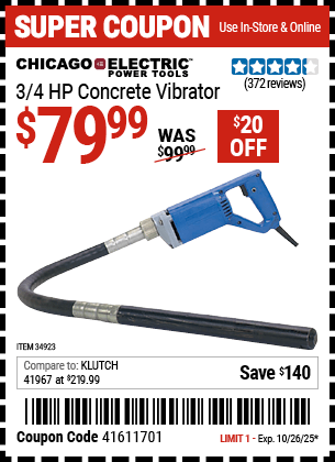 Harbor Freight Coupons, HF Coupons, 20% off - 3/4 Hp Concrete Vibrator
