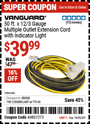 Harbor Freight Coupons, HF Coupons, 20% off - 12 Gauge X 50ft Multi-outlet Extension Cord With Indicator Light