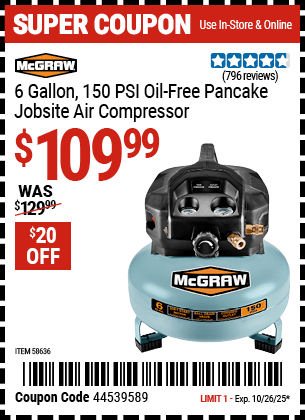 Harbor Freight Coupons, HF Coupons, 20% off - MCGRAW 6 gallon 0.8 HP 150 PSI Oil Free Pancake Air Compressor 