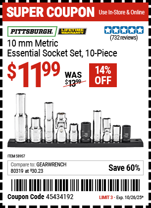 Harbor Freight Coupons, HF Coupons, 20% off - PITTSBURGH 10mm Metric Essential Socket Set for $9.99